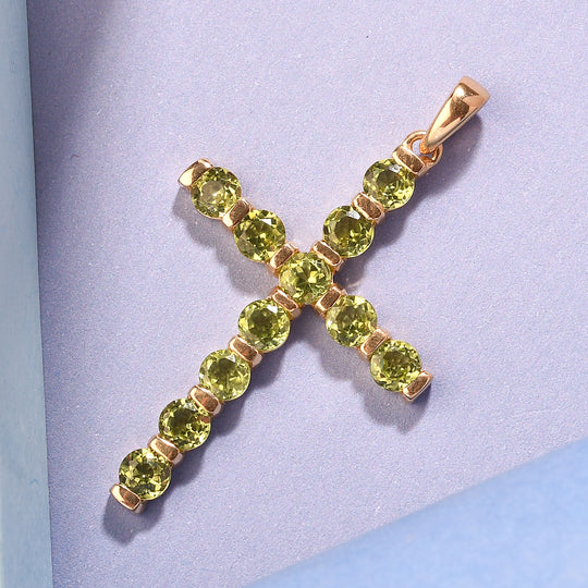 Natürlicher Peridot Kreuz-Anhänger, 925 Silber vergoldet ca. 3,64 ct