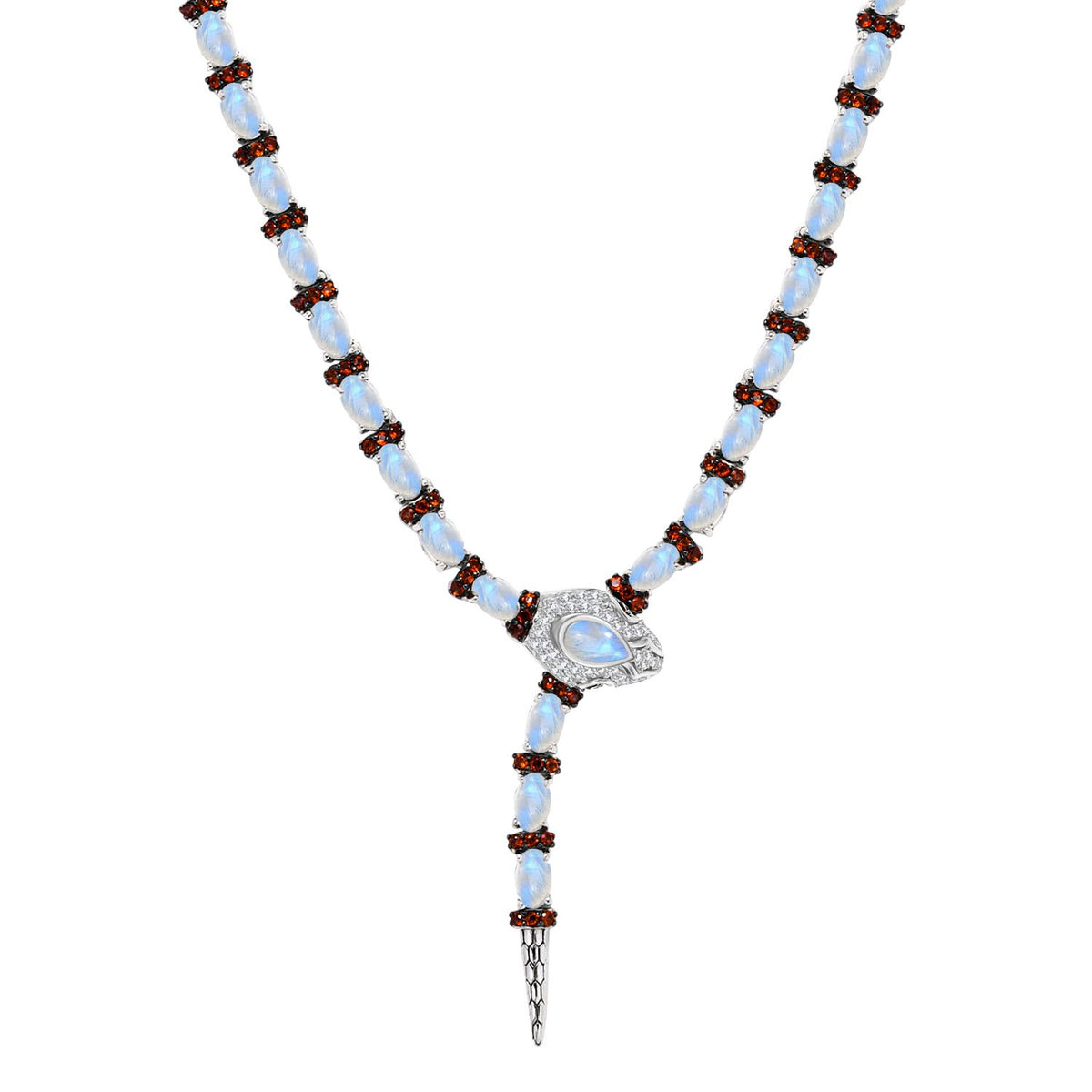 GP Trifono Kollektion- AAA Regenbogen Mondstein, Mosambik Granat, Zirkon und blauer Saphir Ring und 45cm Halskette