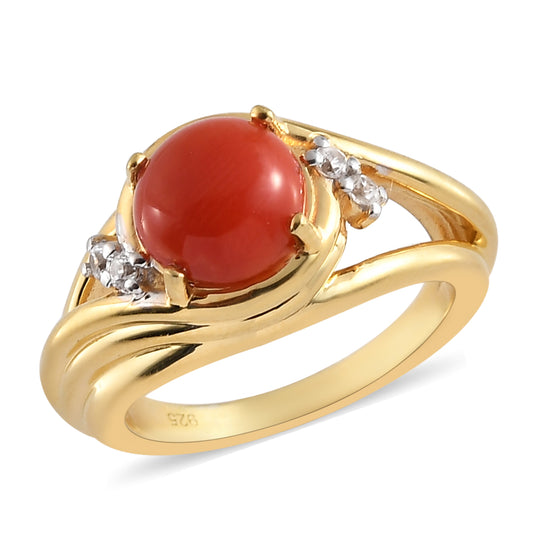 Koralle und Zirkon Ring 925 Silber vergoldet ca. 1,67 ct