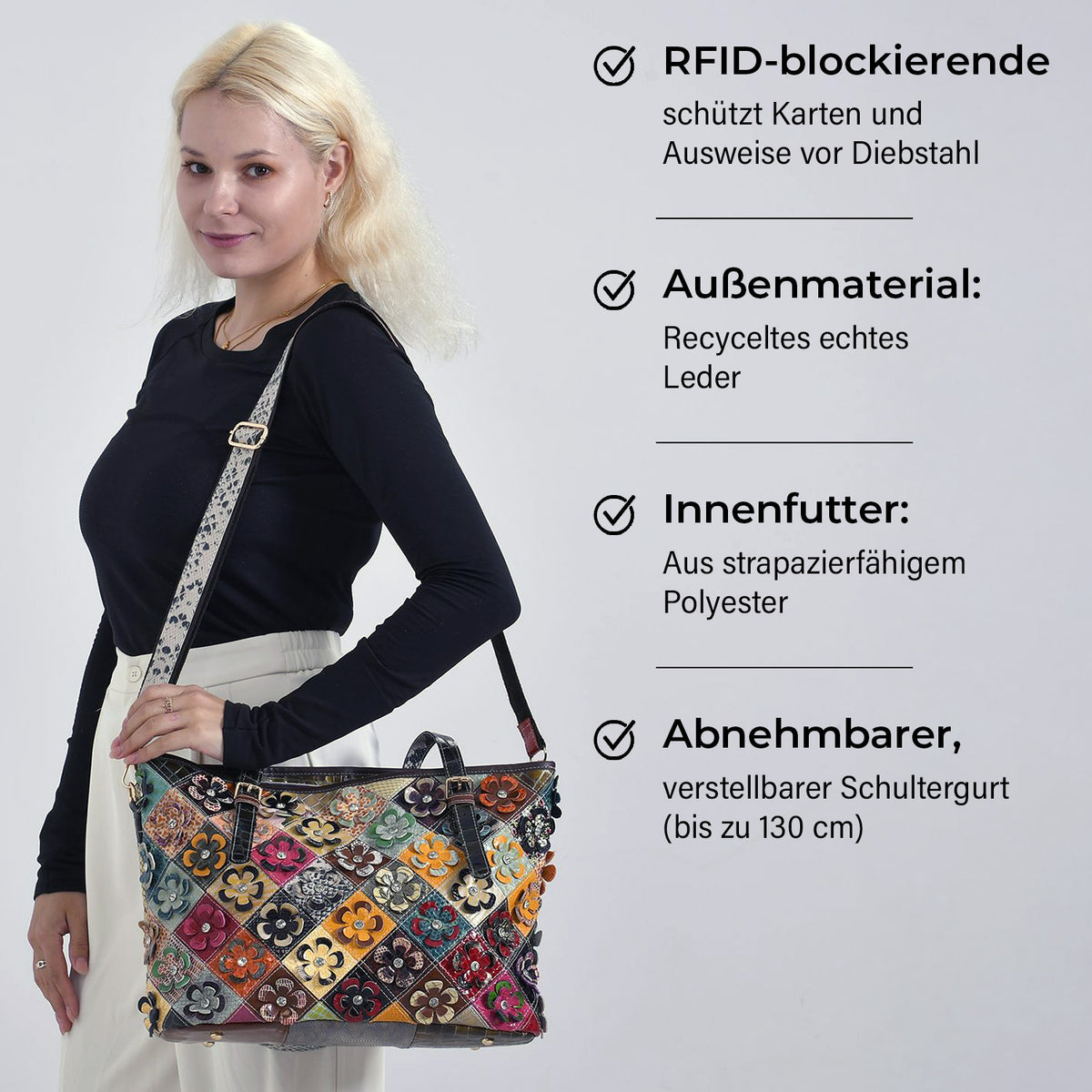 Chaos by Elsie Echtleder Crossbody Tasche im Blumenmuster mit RFID-Schutz und Mini-Taschenlampe und LA MAREY 100% Chiffon-Maulbeeren-Seidenschal