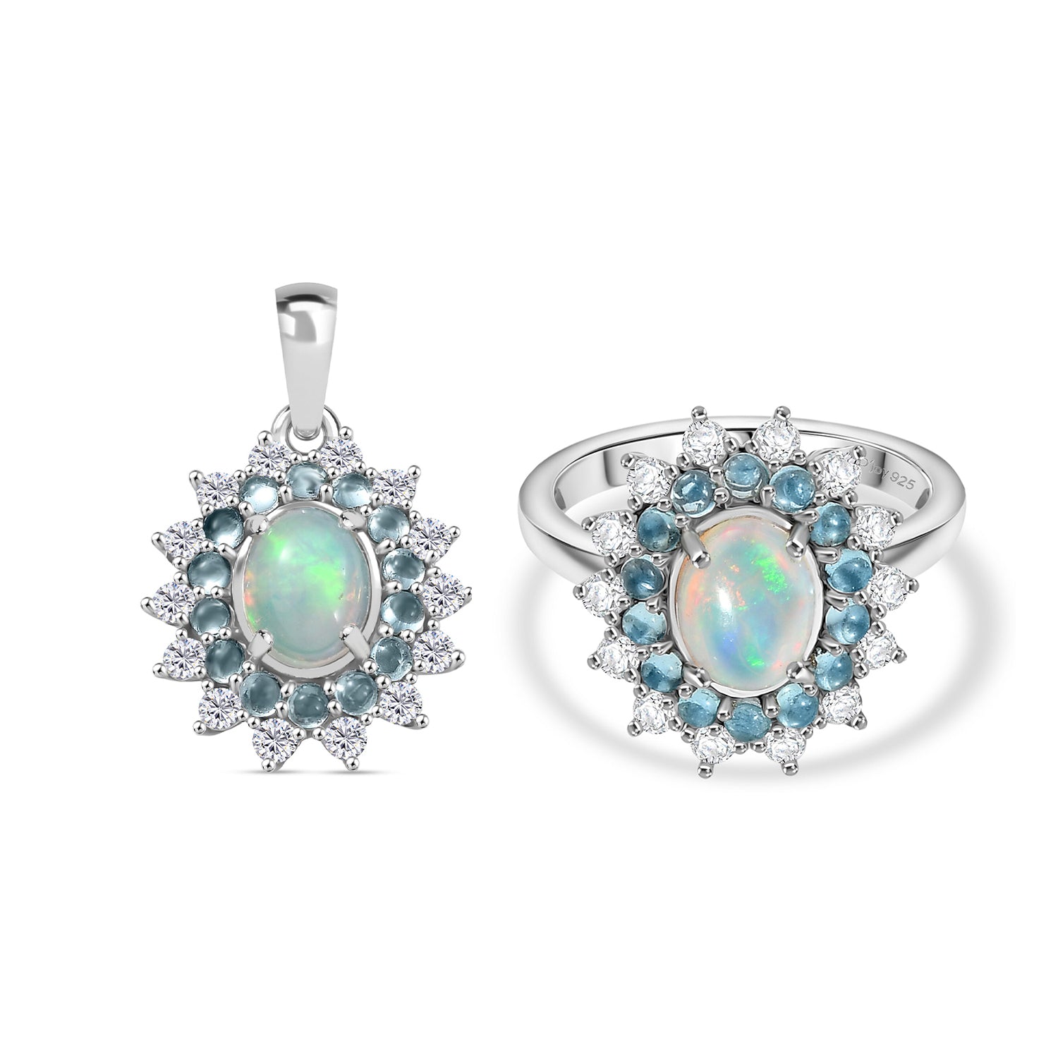 AA äthiopischer Welo Opal, blauer Apatit und Zirkon Ring und Anhänger
