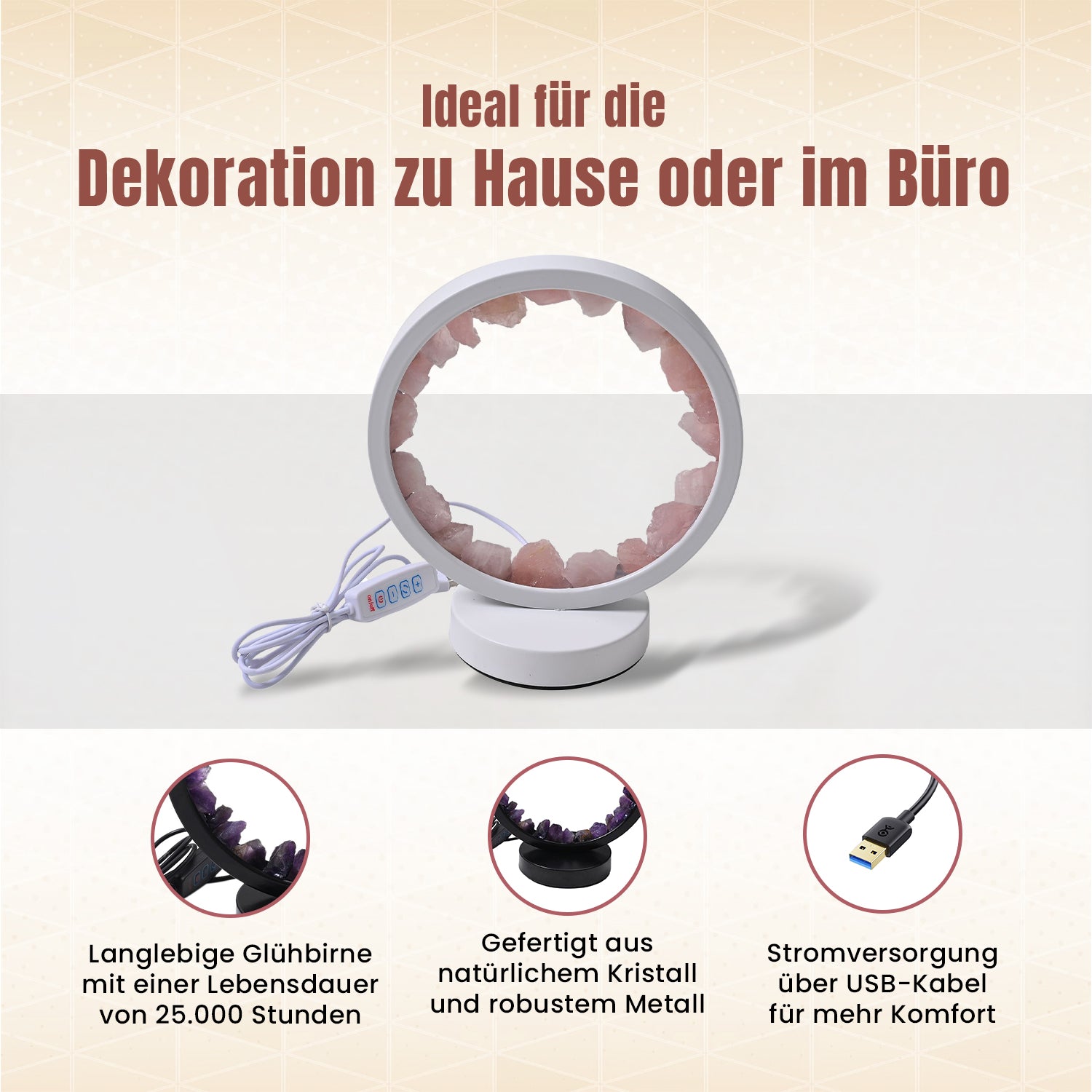 Grüne Aventurin  Rosenquarz und Amethyst Kristall-Wellnesslampe mit USB-Anschluss