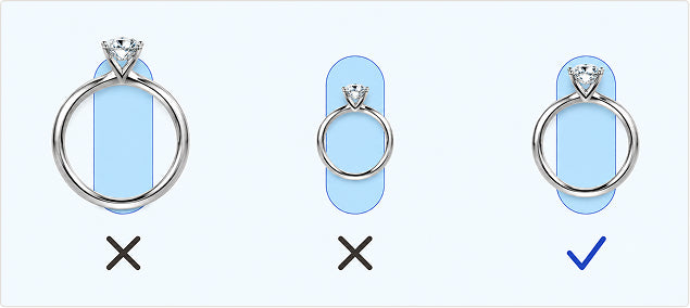 Drei Ringe im Vergleich: zu groß (falsch), zu klein (falsch), passend (richtig).