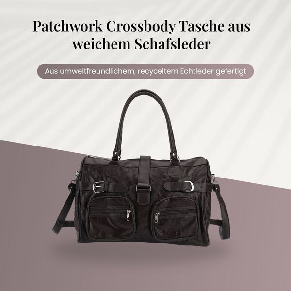 Patchwork Crossbody Tasche aus Schafleder mit mehreren Rei&szlig;verschlussf&auml;chern, 40&times;16,5&times;25,5 cm, Braun image number 2