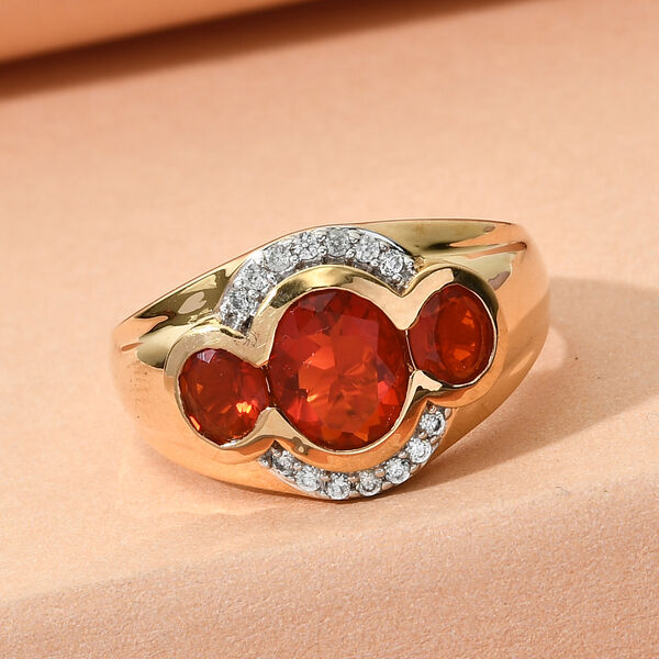 Mexikanischer Kirschfeuer-Opal und Zirkon-Ring, 925 Silber Gelbgold Vermeil  ca. 1,60 ct image number 2