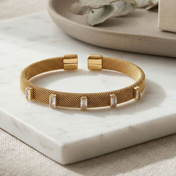 Wei&szlig;er Kristall Armreif, flexibel (ca. 18-19 cm), 316L Edelstahl, goldfarben