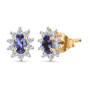 AA Tansanit, Weißer Zirkon Ohrringe 925 Silber 750 Gelb Vergoldet ca. 0.92 ct