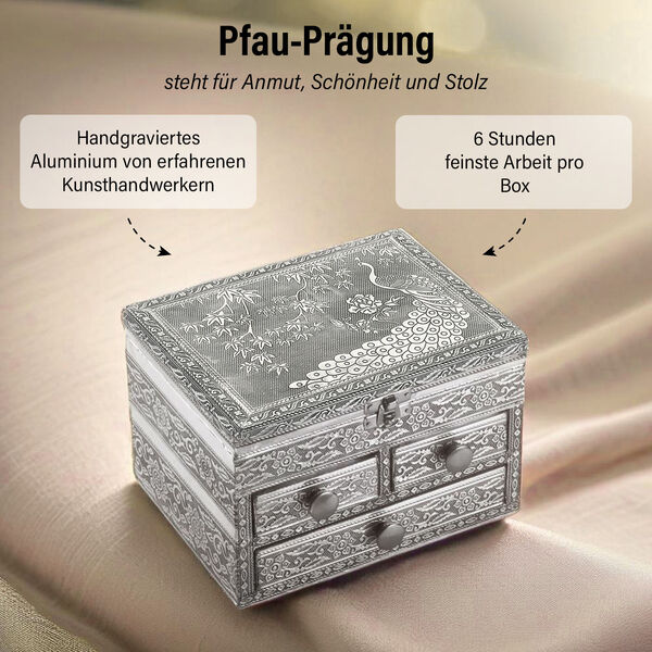 Oxidierte 3-stufige Schmuckbox mit Pferdeprägung und Samt-Innenfutter image number 2