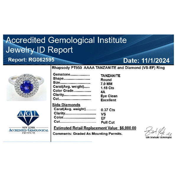 RHAPSODY zertifiziert und geprüft AAAA Tansanit und VS-EF Diamant Ring in 950 Platin - 1,55 ct. image number 8