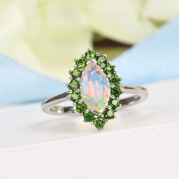 Nat&uuml;rlicher &Auml;thiopischer Opal und Russischer Diopside Halo Ring 925 Silber Platin-&Uuml;berzug image number 2