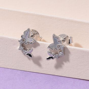 Wei&szlig;es Perlmutt, Wei&szlig;er Zirkonia Ohrringe 925 Silber rhodiniert