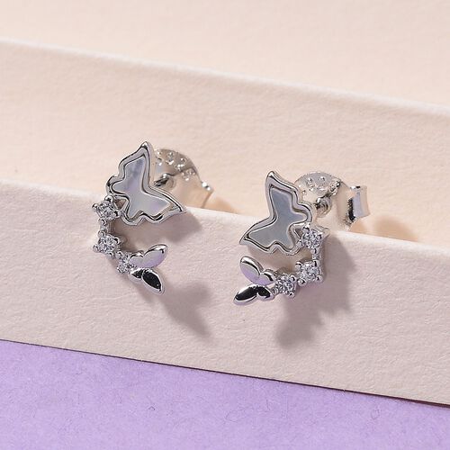 Weißes Perlmutt, Weißer Zirkonia Ohrringe 925 Silber rhodiniert 0.08 ct image number 1