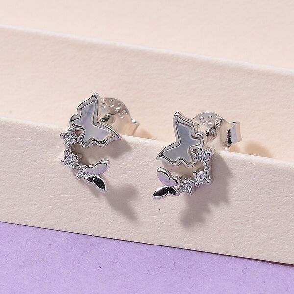 Wei&szlig;es Perlmutt, Wei&szlig;er Zirkonia Ohrringe 925 Silber rhodiniert image number 2