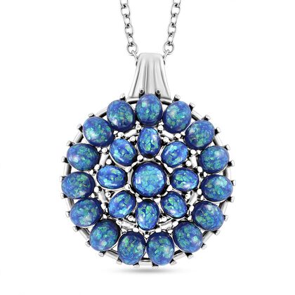 Simuliertes Blauer Opal Anh&auml;nger mit Kette ca. 50 cm + 5 cm Extender, 316L Edelstahl