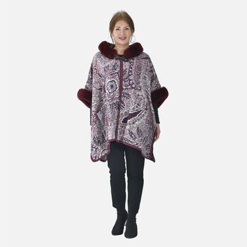 LA MAREY - Kunstfell Poncho mit Kapuze, One Size, 80x110cm, Burgund