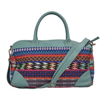 Stilvolle Weekender-Tasche aus 100% echtem Leder mit handgewebtem Dekor, gr&uuml;n