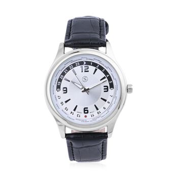 Strada - Elegante Uhr mit PU-Leder Armband und Zeitzonen, wasserdicht, japanisches Uhrwerk, Silber