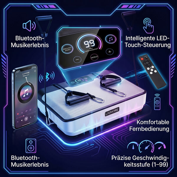 LIVMORE Vibrationsplatte Trainingsger&auml;t mit Fernbedienung, LED Display, Wei&szlig; image number 6