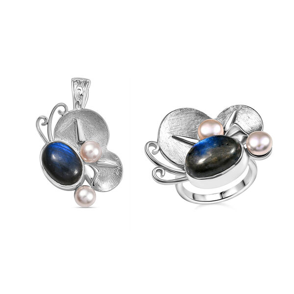 AAA Labradorit und Perlen Schmetterling Ring und Anhänger image number 0