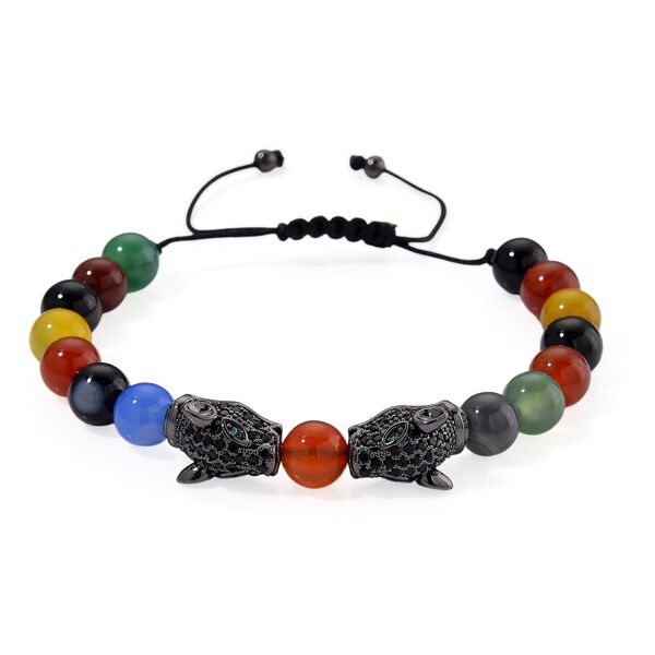 Mehrfarbiger Achat, Schwarzer Zirkonia Armband, Flexibles, Messing Schwarzes Rhodium