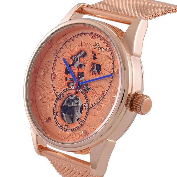 GENOA TIME V2 - Automatische mechanische Uhr mit Drachenmuster und Edelstahl-Mesharmband, 23 cm, rosevergoldet, ca. 89,00g image number 4