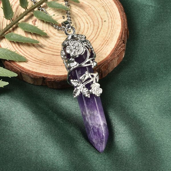 Afrikanischer Amethyst Bl&uuml;ten Pendel-Anh&auml;nger mit Kette, Messing und 316L Edelstahl ca. 45.00 ct image number 1