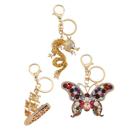 3er Set dekorative Design Schl&uuml;sselanh&auml;nger Legierung emailliert mit schwarzen Kristallen, 20 x 20 cm, goldfarben, ca. 0.05 ct