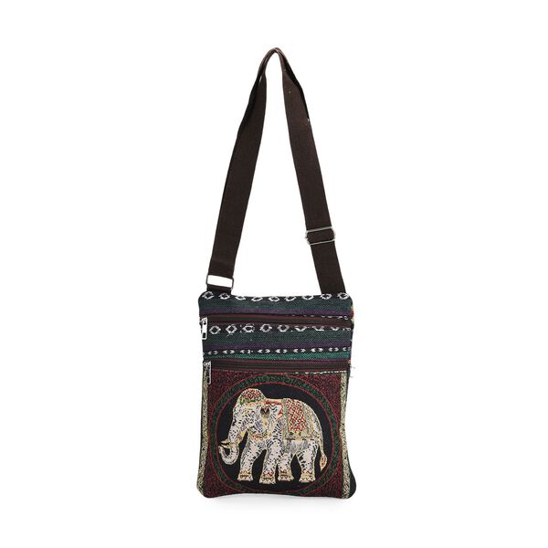 Crossbody-Tasche mit Elefantenmotiv, Polyester, 3 Reißverschlussfächer, verstellbarer Schultergurt (ca. 120 cm), 21x28 cm, Mehrfarbig