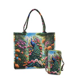 Pfau Muster Design Set, Shopper und Handy Umhängetasche, 40 x 12 x 35 cm, Mehrfarbig