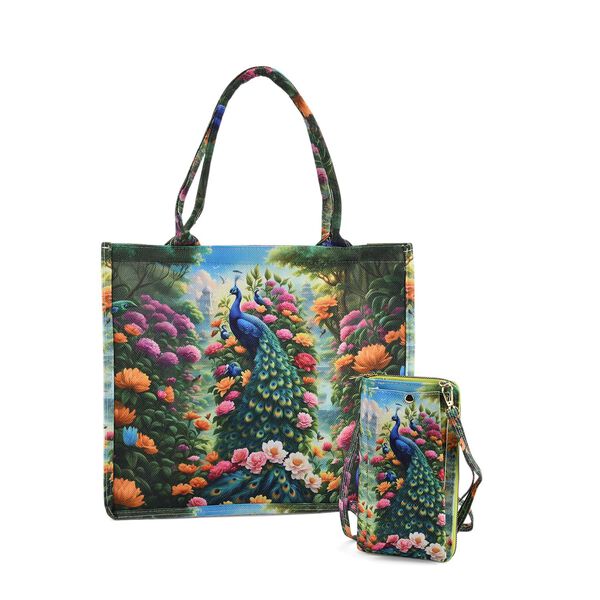 Pfau Muster Design Set, Shopper und Handy Umhängetasche, 40 x 12 x 35 cm, Mehrfarbig image number 0