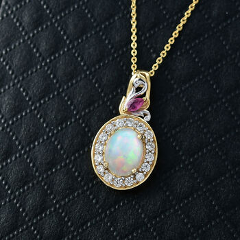D'Joy nat&uuml;rlicher, &auml;thiopischer Welo Opal, afrikanischer Rubin und Zirkon Anh&auml;nger mit 50cm Kette - 2,13 ct.