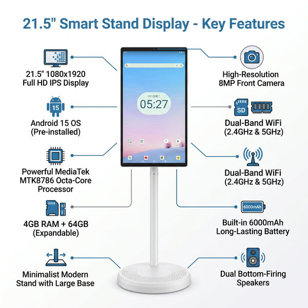 "D01 Smart stand display TV display 21.5INCH OS:aNDROID 15 Solution:MTK8786 Brightness:200-250cd/m2 Resolution ips:1080*1920/60hZ Memory:4G+64GB Color Gamut:sRGB100% WIFI:DUAL-BAND wIFI2.4G+5G Battery:6000Mah Speaaker:3w*2.4Q Camera:8MP Bulid-in color:whi image number 6