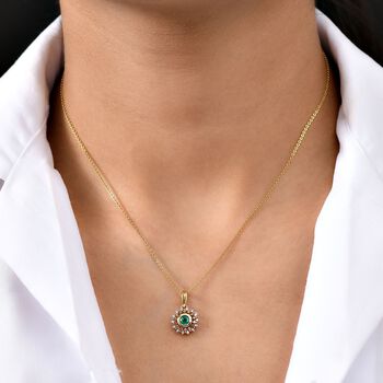 Regal Halo - D joy Kagem Sambischer Smaragd, Brauner Zirkon Anh&auml;nger 925 Silber 750 Gelb Vergoldet ca. 0,70 ct.