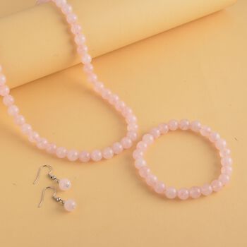 3er Set - Rosenquarz Halskette, Armband und Ohrringe, 316L Edelstahl ca. 323.50 ct