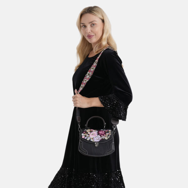 Kompakte Kunstprint Crossbody Tasche mit floralem Design, 23x9x17cm, Schwarz image number 2