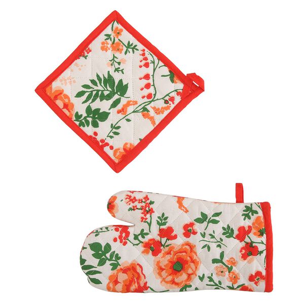 4er Set - 100% Baumwolle: Sch&uuml;rze, Handschuh, Topflappen, K&uuml;chentuch, Gr&uuml;n/Rot image number 6