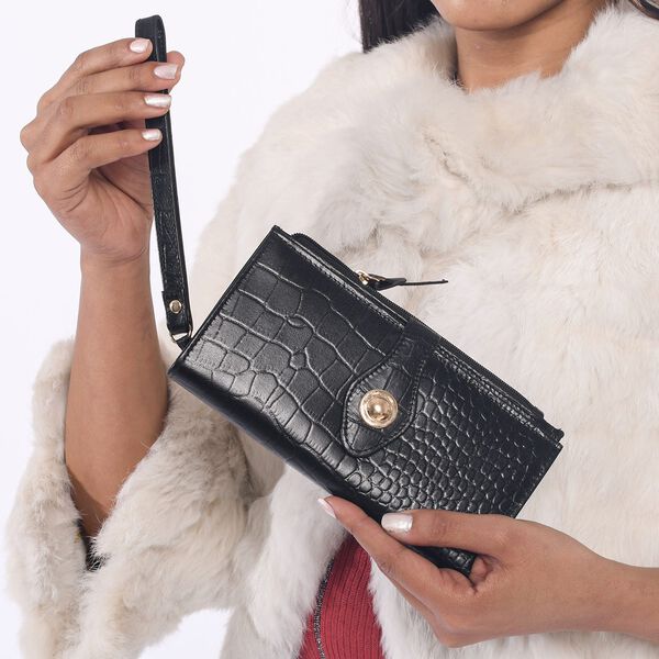 Echtleder Portemonnaie mit Krokoprägung, 18,5x1,5x9,5 cm, schwarz image number 2