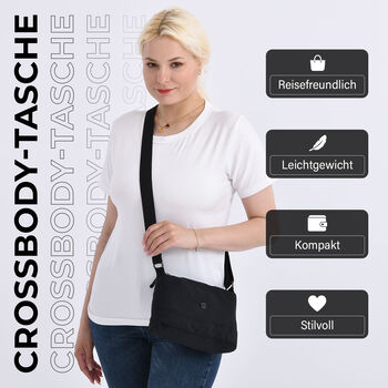 Nylon Crossbody-Tasche mit Rei&szlig;verschlussf&auml;chern, verstellbarem Schulterriemen, Schwarz