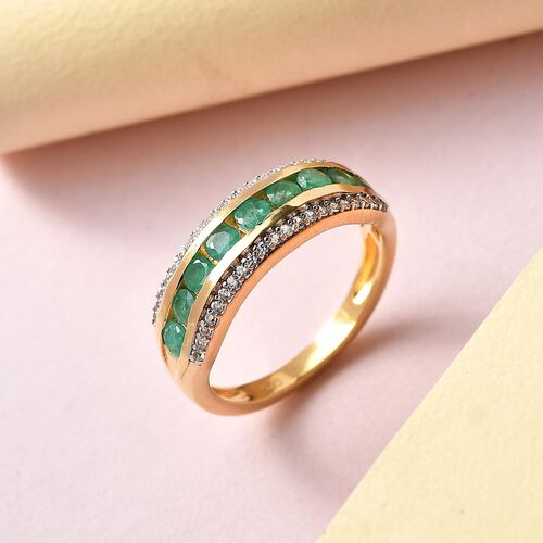 Kagem Sambischer Smaragd, Weißer Zirkon Ring, 925 Silber Gelbgold Vermeil (Größe 21.00) ca. 1.45 ct image number 1