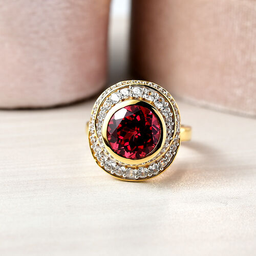 D'Joy Lab Created Padparadscha-Saphir, Weißer Zirkon Ring 925 Silber 750 Gelbgold Vermeil (Größe 18.00) ca. 6,39 ct image number 1