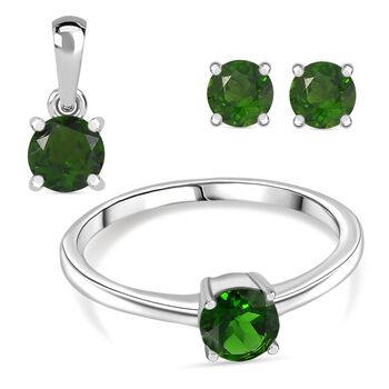 3er Set - D'Joy Nat&uuml;rlicher Chromdiopsid Ohrringe, Ring und Anh&auml;nger, 925 Silber rhodiniert (Gr&ouml;&szlig;e 20) ca. 1.84 ct