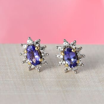 AA Tansanit, Wei&szlig;er Zirkon Ohrringe 925 Silber 750 Gelb Vergoldet ca. 0.92 ct