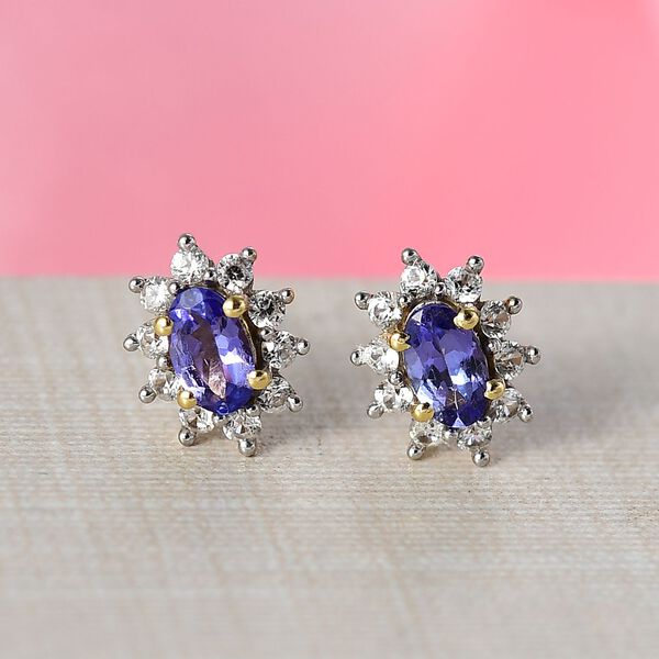 AA Tansanit, Weißer Zirkon Ohrringe 925 Silber 750 Gelb Vergoldet ca. 0.92 ct image number 2