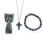 3er-Set aus Labradorit: Schutzengel (7.6 cm), Armband mit 8 mm Perlen und Kreuzanhänger (2.5 cm), handgefertigt, Grün-Schimmernd