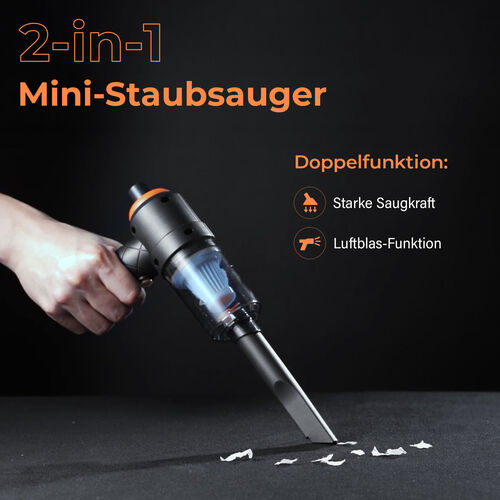 2-in-1 Staubsauger, ABS+PS Material, 1200mAh Akku, inkl. USB-C Kabel, Saugdüse, Bürste, Blasdüse, Schwarz image number 1