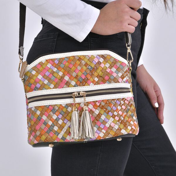 Chaos by Elsie - Gewebte Echtleder Crossbody Tasche, Beige image number 3