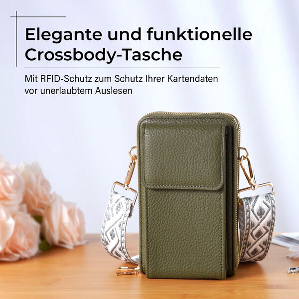 Crossbody-Handytasche mit RFID-Schutz und gemustertem Trageriemen, 19x6x11 cm, Grün image number 2