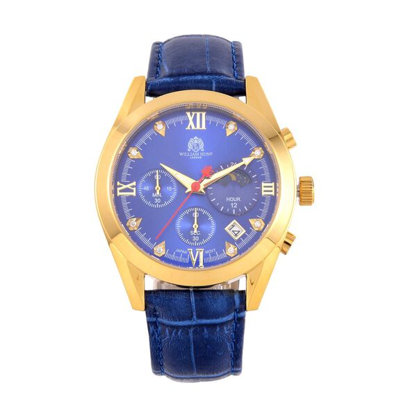 WILLIAM HUNT - 40mm Edelstahl-Uhr, japanisches Uhrwerk, wei&szlig;es Zifferblatt, Moissanit, blauem Lederband, ca.5 ctca. 0.05 ct