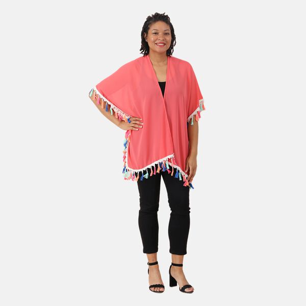 Chiffon Kimono mit mehrfarbigen Quasten, Einheitsgröße, Koralle image number 2