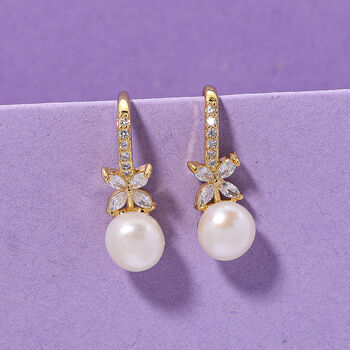 Wei&szlig;e S&uuml;&szlig;wasser Perle (6-8 mm), Wei&szlig;er Zirkonia Ohrringe Nickelfreies Messing vergoldet